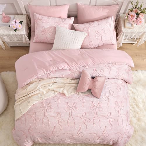 Image of Andency Full Size Cute Comforter Set, 3 Pieces Dark Pink Boho Tufted Bedding Set, 3D Puffy Bow Comforters for All Seasons (1 Comforter, 2 Pillow Shams), 79 inchx90 inch, Dark Pink