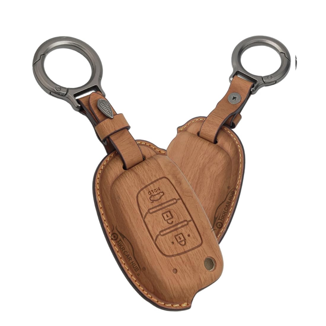 HKR Premium PU Leather Wood Grain Smart Car Key Cover with Metal Hook Keychain Compatible with Hyundai Aura | Creta | I-10 Grand NIOS | Elite I-20 | Xcent 3 Button Flip Key (Pack of 1 Set)-image-48