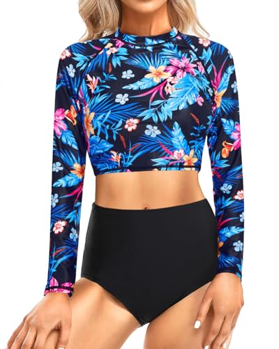 Pinup Fashion Long Sleeve Swimsuit 2 Piece Rash Guard Set Blue Floral UV UPF 50+ Crop Swim Tops with Built in Bra M