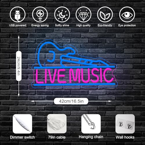 Image of Horseneon Guitar Neon Signs for Wall Decor,Live Music Neon Lights for Bedroom,Guitar Led Light up Sign with USB Powered for Music Party, Bar, Club