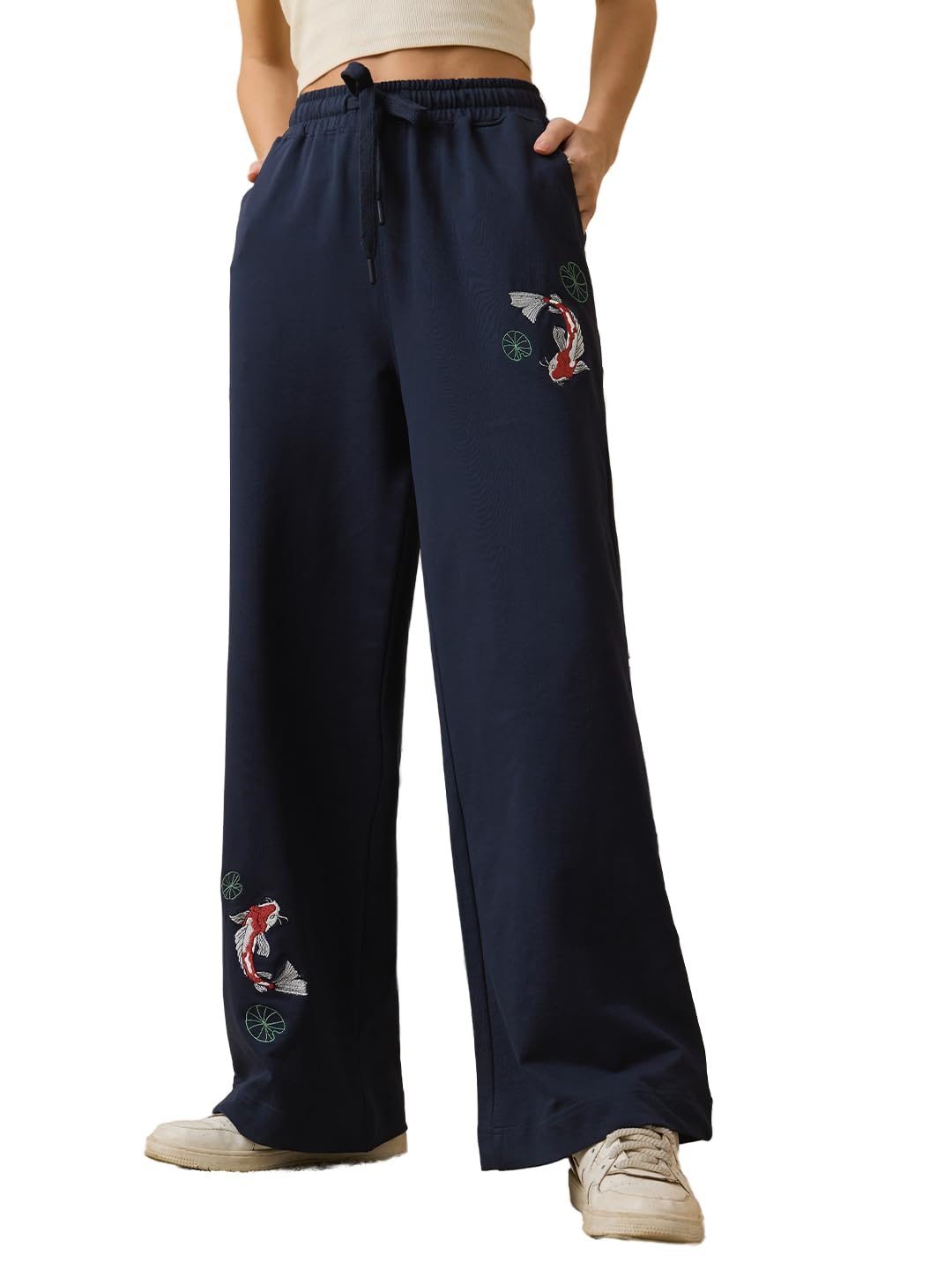 The Souled Store Flared Joggers: Koi Women and Girls Drawstring Waist Navy Blue Embroidered Cotton Lightweight Breathable Everyday All-Season Athleisure Flared Joggers-picture-35