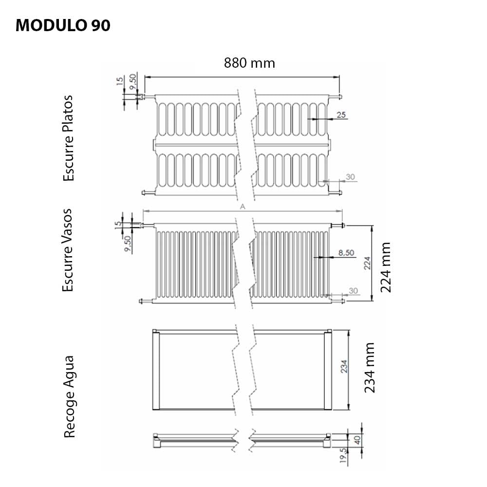 Escurreplatos de Acero Inoxidable para Mueble de Cocina – Bandeja Recogeaguas, Soporte para Platos y Vasos – Instalación en Módulo 60, 80, 90 cm (Módulo 90 (880x234mm))