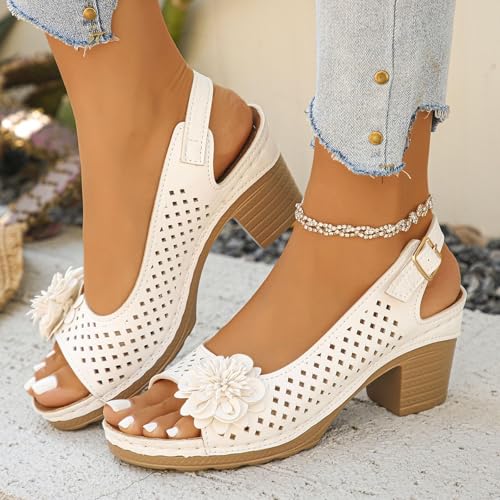 Women's Block Heel Flower Heels,Flower Sandals for Women,Strappy Sandals for Women 2025 Summer Casual Ankle Strap Hollow Out Platform Wedge Fashion Footwear3