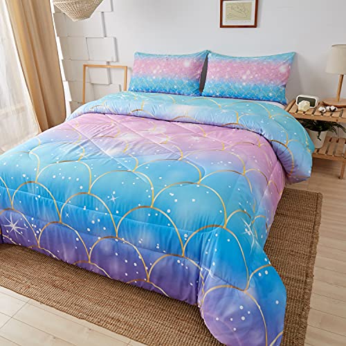 Image of Mermaid Fish Scales Bedding Comforter Set, Magical Colorful Seamless Pattern with Fish Scale net,Pink Blue Gold Colorful Mermaid Skin Surface,Comforter Sets with 2 Pillow Shams,Twin Size