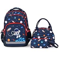 School Backpack Kids Bookbag Set-with Lunch Bag & Pencil Case Elementary Preschool Kindergarten Supplies for Boys Large Capacity Backpack Set (Dark Blue Space)