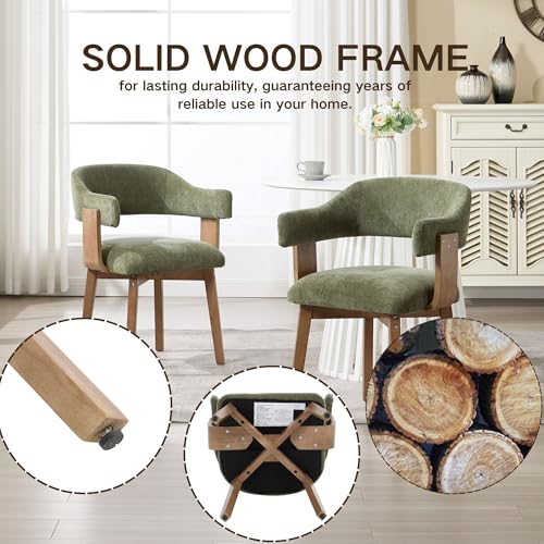 Green Upholstered Dining Chairs Set of 4, Mid Century Modern Dining Room Chairs with Wooden Legs and Armrest, Chenille Fabric Barrel Kitchen Chairs for Kitchen/Living Room