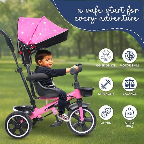 Image of Luusa Hyper PRO Canopy Plug N Play Tricycle /Baby Tricycle with Parental Control for Age Group 2+ Years Boys /Girls /Carrying Capacity Upto 30-KGS Proudly Made in India (Pink)