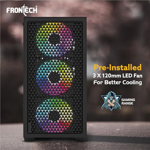 Image of Frontech Clone Gaming Computer Cabinet - 3x120 mm LED Fans, Tempered Glass Side Panel, ATX /Micro-ATX /Mini-ITX Compatible, USB 3.0 + USB 2.0 Ports, Washable Dust Filter (FT-4388)