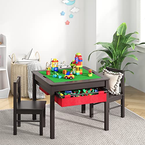 image for UTEX Wooden 2 in 1 Kids Construction Play Table and 2 Chairs Set with 