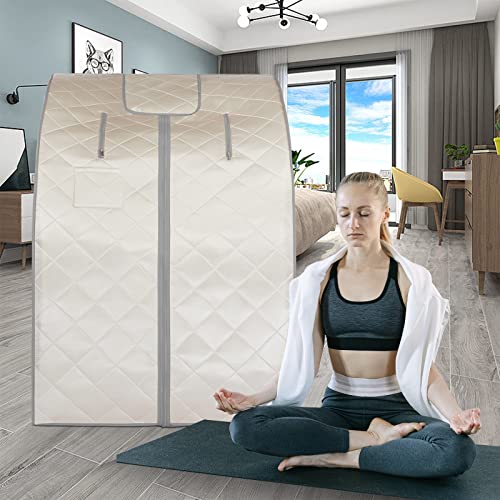 Smartmak Far Infrared Sauna, Full Body One Person Portable SPA Set with Time & Tempreture Remote Control, Heating Foot Pad and Foldable Reinforced Chair (L 27.6’’ x W 31.5’’ x H 37.8’’)- Beige