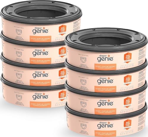 Image of Diaper Genie Bags Refills 270 (Pack of 8) Clean Laundry Scent | Diaper Pail Refills with Max Odor Lock | Holds up to 2160 Newborn Diapers | Scented diaper disposal pail refills with Max Odor Lock Technology help lock in odors and last up to 2,160 newborn diapers.