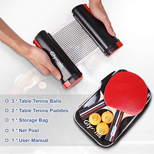 Glymnis Table Tennis Set Ping Pong Paddle Set with Retractable Net, 2 Rackets Paddles and 3 Balls, Carry Bag for Indoor Outdoor Play