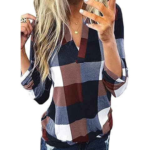 Dokotoo Women's Plaid V-Neck Tunic Cover