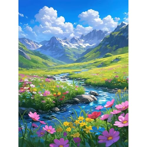 UNIQUORS風景ダイヤモンド絵画キット大人用 5Dダイヤモンドペインティング山の花初心者用 DIY青空白い雲工芸ラウンドフルダイヤモンド風景ホームオフィスの壁の装飾用 30x40cmの商品画像（Amazon）