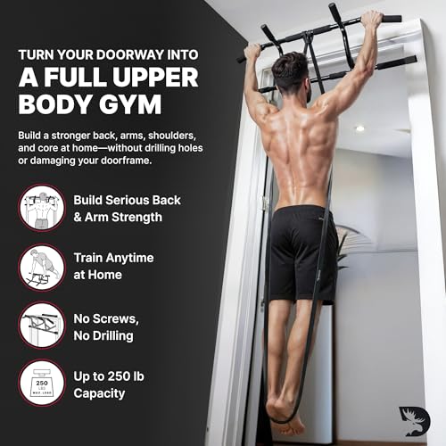 DMoose Fitness Pull Up Bar for Doorway with Pull Up Band - 250 lb Capacity, No Screws, Multi-Grip Chin Up Bar for Home Workouts, Upper Body & Strength Training - Includes Installation Guide - Thumbnail 2