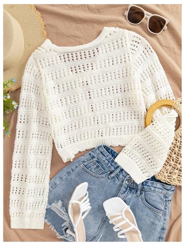 SHENHE Women's Hollow Out Tie Front Knit Cardigan V Neck Sheer Cute Flower Cardigan2