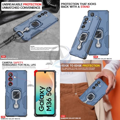 Image of AESTMO Armor Back Cover for Samsung Galaxy M36 5G / F36 5G | Ring Holder & Kickstand & Camera Protection in-Built | 360 Degree Protection Back Case Cover (Blue)
