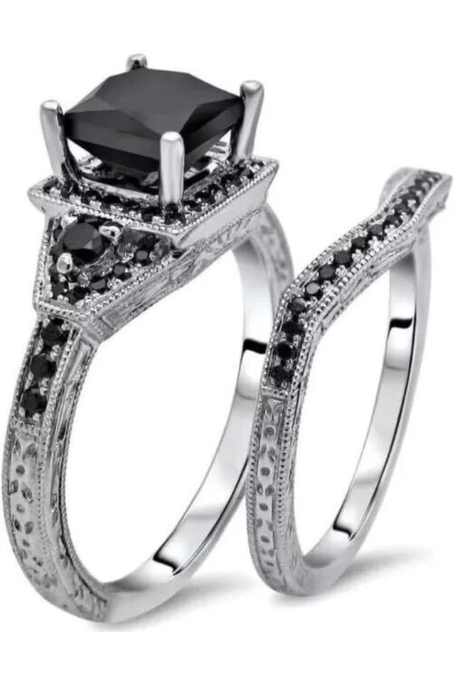 3 CT Princess Cut Created Black Diamond Prong Set Wedding Bridal Ring Set with Bands In 14K White Gold Plated 925 Sterling Silver Gift for Womens3