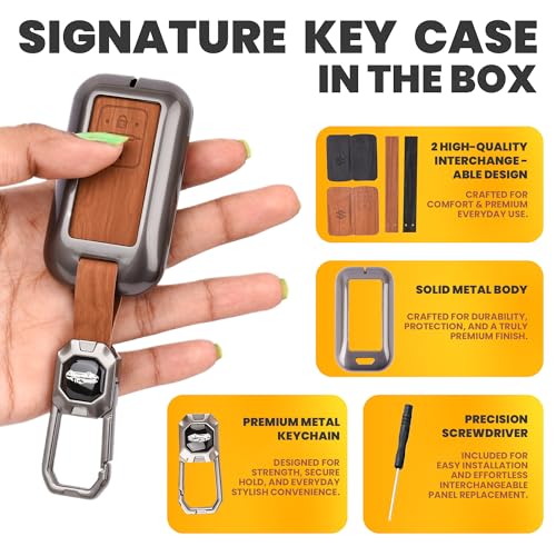 Image of Car Key Cover Compatible with Maruti Suzuki jimny Baleno Grand Vitara XL6 Swift New Brezza 2022 Ertiga Dzire 2-Button Smart Key (Dual Leather Metal (Black & Brown))