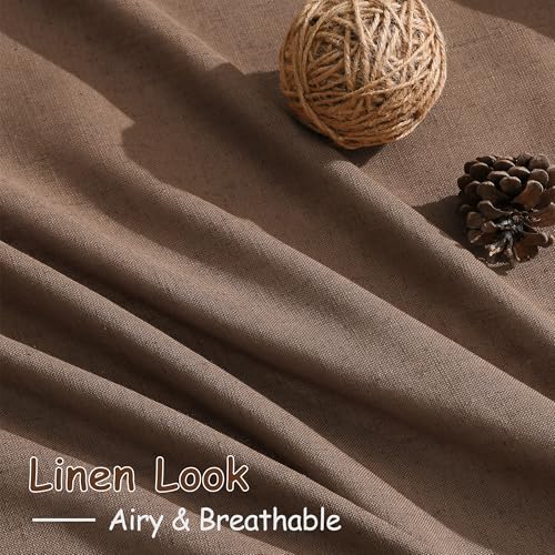 Image of Caramel Brown Linen Curtains 84 Inches Long for Bedroom Back Tab Light Filtering Privacy Semi Sheer Curtains Modern Farmhouse Decor Cotton Textured Curtain for Living Room 2 Panels Set 52x84 Inch
