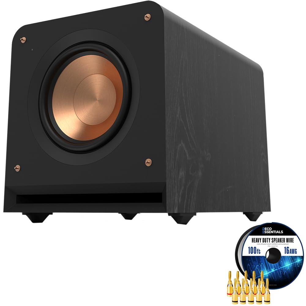 Klipsch RP-1000SW: High-Excursion 10" Subwoofer for Superior Bass - Ebony Bundle with Deco Gear 100ft Long 16 AWG Speaker Wire + Brass Speaker Banana Plugs, 5-Pair