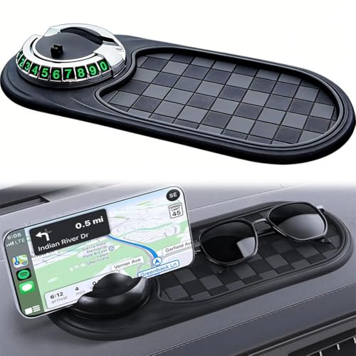 ILHHTCN Multi-Functional 360 Rotation Car Support Anti-Slip Phone Holder Mat for Car Dashboard Dashboard Accessories with Temporary Parking Number for Gadgets Phones Keys (A)