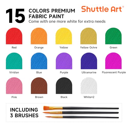 Shuttle Art Textilfarbe waschmaschinenfest, 15 x 12ml Stoffmalfarben waschfest in Tube mit 3 Pinseln, wasserfeste Stofffarben für Erwachsene, Kinder zum Malen und Färben auf T-Shirt, Schuhe, Jeans