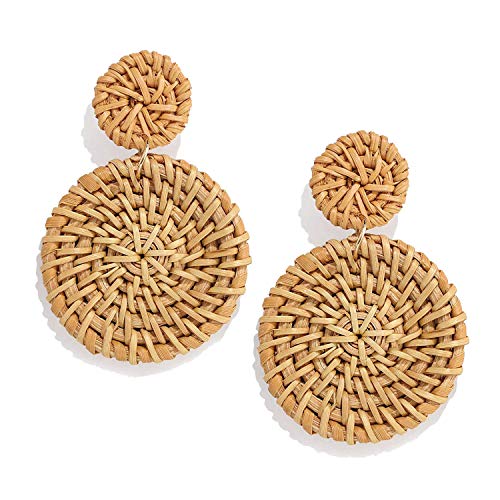CEALXHENY Rattan Earrings for Women Handmade Straw Wicker Braid Drop Dangle Earrings Lightweight Geometric Statement Earrings (C Double Disc)
