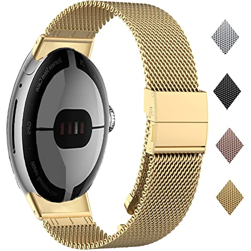 NINKI Compatible Google Pixel Watch Band Gold for Women Men,[No Gap] Classic Stainless Steel Metal Replacement Business Wristband Bracelet Loop Band for Google Pixel Smart Watch Bands Strap / Gold