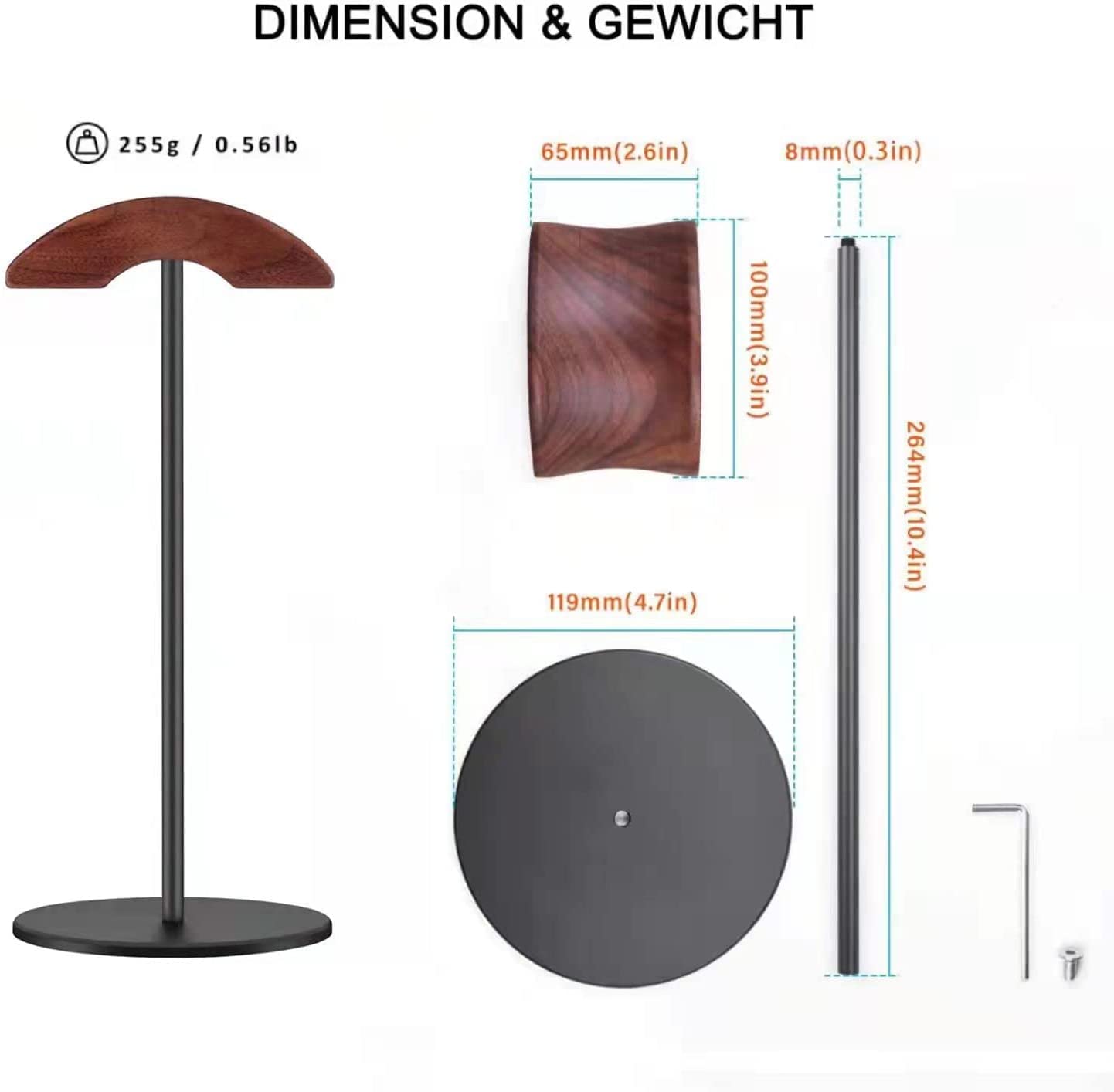 GGF Kopfhörer Ständer Headset Halterung aus Hochwertigem Walnussholz& Aluminium,Headset Ständer mit Anti-Rutsch Schwerer Basis,Kopfhörer Halter Geeignet für Tisch and Vitrine