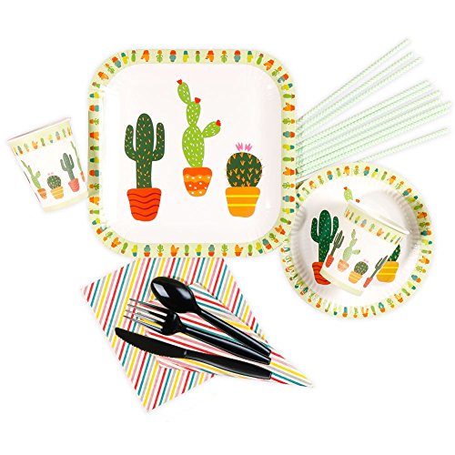RiscaWin Cactus Birthday Party Tableware Set, Party Set Serves 10,Paper Plates,Paper Cups,Paper Straws,Napkins,Plastic Knives, Plastic Spoon,Plastic Forks– Complete Party Pack (Cactus) …