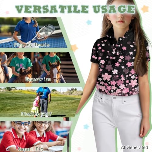 Image of Girls Short Sleeve Golf Shirt 3 Button Up Lapel Collar Tennis Shirts Quick Dry Uniform Athletic Tank Tops for 5-14Y