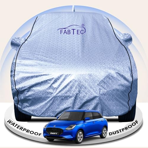 Image of FABTEC Metallic Silver Waterproof Car Body Cover for Maruti Swift (2024) Sun, UV and Dust Protection with Mirror and Antenna Pocket (Reflective Silver with Black Piping)