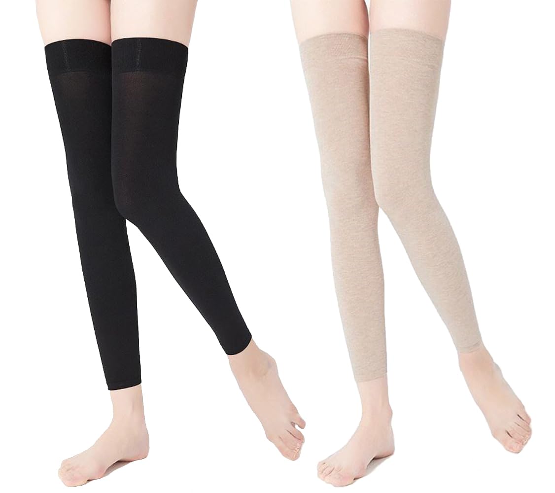 Photo 1 of 2 Pairs Knee Compression Sleeves for Women, Lightweight Thin Sleeves for Knee Pain Relief, Leg Warmers Leg Brace Undersleeve for Daily Use (Black+Beige, Long)