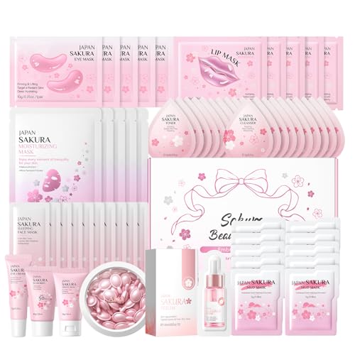 60Pcs Sakura Skin Care Set, Japanese Cherry Blossom Gift Sets for Women Girls, Facial Kit Daily Care All In One Set, Travel Kit for Women Girls, Birthday Mother's Day Gifts (60Pcs Sakura Skincare set)