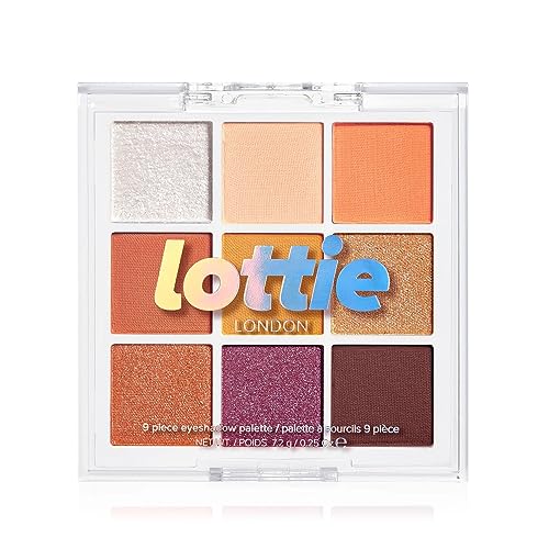 Lottie London Lottie Palette in Fired Up, 9 shade compact eyeshadow palette in warm caramel browns and pumpkin shades in a mix of creamy mattes and sparkling shimmers