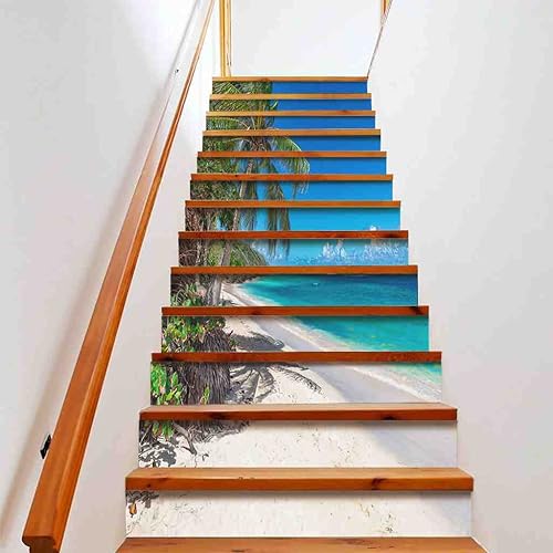 JOHIZUTA Juego de 13 calcomanías de escalera en la playa tropical y el mar turquesa calcomanías decorativas de escalera extraíbles para escaleras