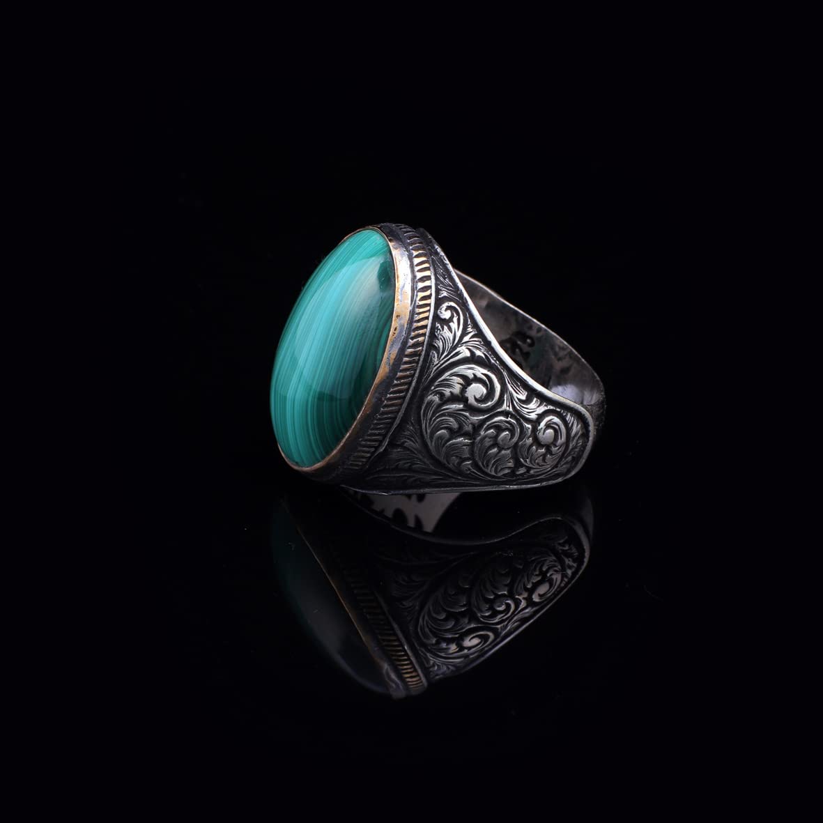 Anello di Malachite Uomo in Argento 925 – Stile Ottomano Vintage, Pietra Preziosa Lucida, Anello Inciso Fatto a Mano, Anello di Fidanzamento con Panno Pulizia Argento Adeau (24)