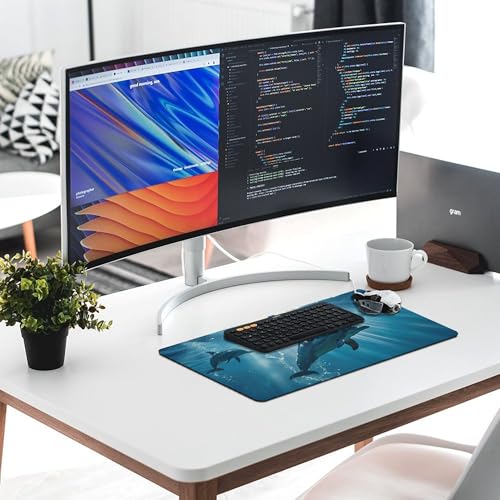 Image of Dolphin Animal Ocean Extended Gaming Mouse Pad, with Stitched Edges Large Mouse Pad Desk Protector, Rubber Base Mousepad Keyboard Mouses Mat for Work Game Office Home 32 inchX16 inch,E316