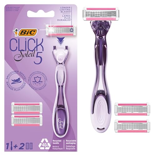 BIC Click 5 Soleil - Rasoir Rechargeable pour Femme à 5 Lames et Tête Pivotante et Bande Lubrifiante pour un Rasage Précis et Confortable - 1 Manche + 2 Recharges