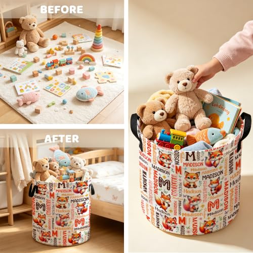 Image of Custom Fox Laundry Hamper, Personalized Laundry Basket with Name, Customized Dirty Clothes Basket for Clothes Toy Bathroom Bedroom Storage,S-16.5 inchX 13.8 inch