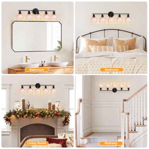 Image of Bathroom Light Fixtures, 5-Light Brushed Black Vanity Lights for Bathroom with Pink Tulip Glass Shade, 30 inch Vintage Bathroom Vanity Lighting Fixtures Over Mirror for Bedroom Living Room Hallway
