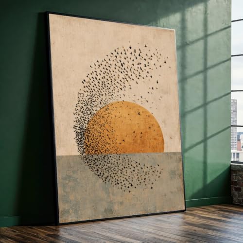 Tableau abstrait motif géométrique circulaire o oiseaux toile haut de gamme