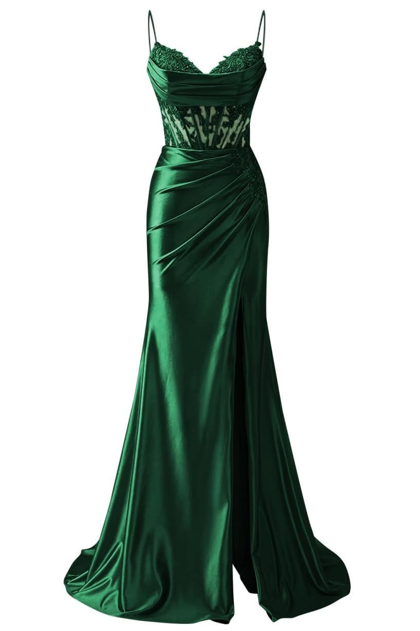 AHERKLL Spaghetti Straps Bridesmaid Dresses Lace Appliques Prom Dresses with Slit Formal Evening Party Maxi Gown AH171 Emerald Green UK12