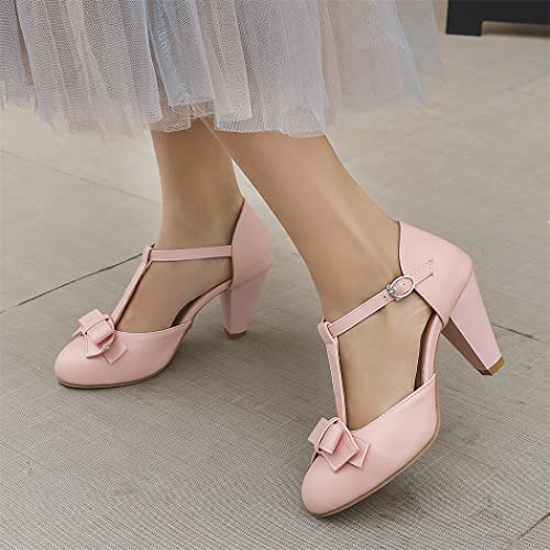 Image of Elbslutt Women's Cute Retro Rockabilly Shoes T Strap Mary Janes Heels Chunky Cosplay Shoes Sweet Block Heeled Bow Pumps