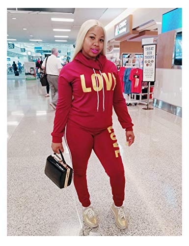 Women's Letter Print 2 Piece Outfits Cowl Neck Long Sleeve Sweatshirt and Pants Set Tracksuit Burgundy X-Large