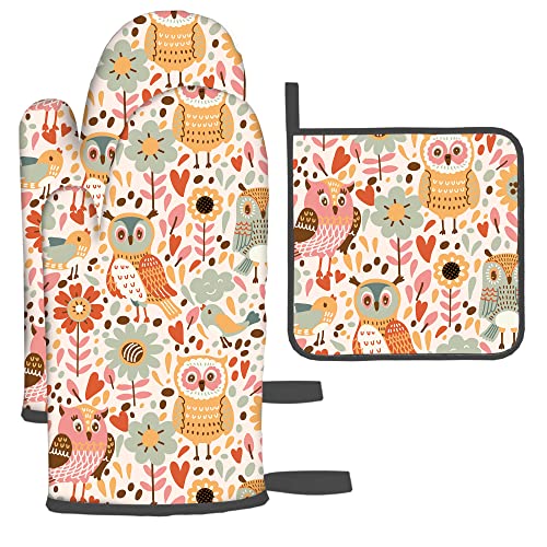 Owl Oven Mitts Gloves With Pot Holders Sets, 3 Pack Heat Resistant 480 ℉ Non Slip Cotton Lining Kitchen Women Men Cooking Barbecue Microwave Animal Oven Mitts #TOP1