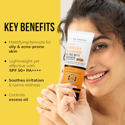 Image of Dr. Sheth's Centella & Niacinamide Oil-Free Matte Sunscreen SPF 50+ PA++++ | In-Vivo Tested | Controls Excess Oil & Sebum | Soothes Acne Prone Skin | Lightweight & Non Greasy | For UVA /UVB, Blue Light & IR Protection | No white cast | For Oily Skin | For Men & Women | 50 g