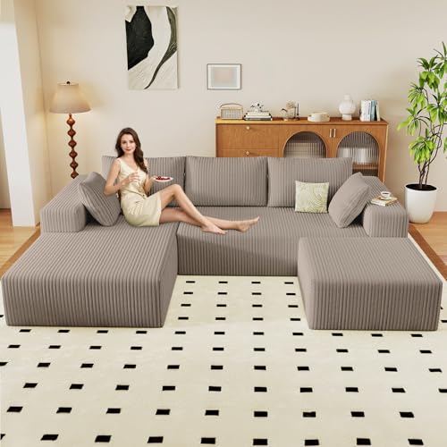 Image of 96 inch U-Shape Cloud Couch, Modern Modular Sectional L-Shape Sofa with Ottoman, Corduroy Upholstered Couches Deep Seat Chaise Longue for Living Room, No Assembly Required(Camel, Left Facing)