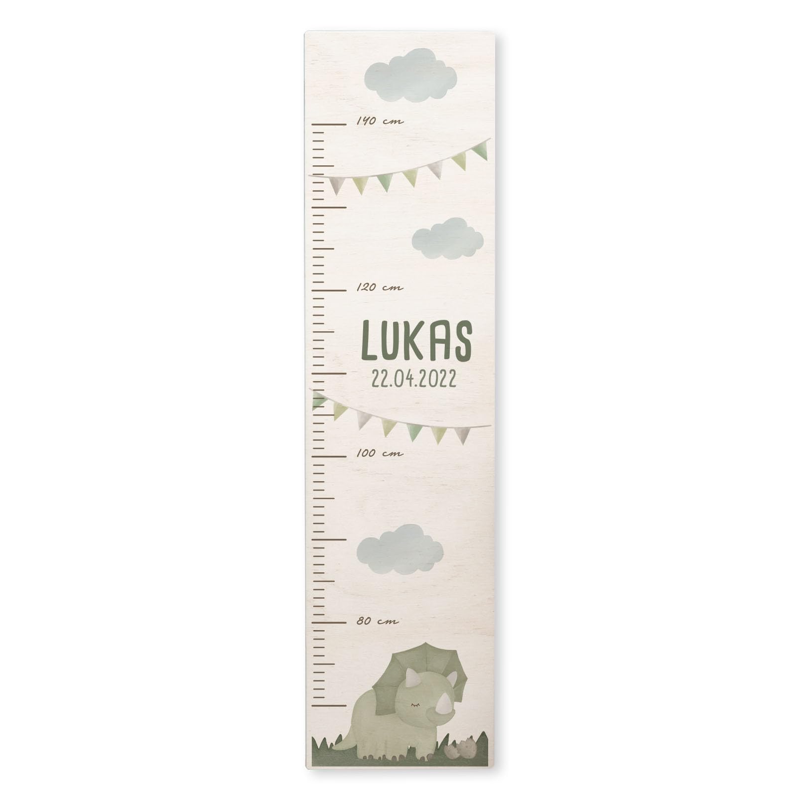 Personalisierte Messlatte für Kinder mit buntem Wunschdruck - 70-140 cm - Größenmesser Kinderzimmer aus Holz - Wand Dekoration Messleiste Kind - Personalisiertes Geschenk Baby (Grüner Dino)
